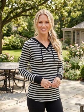 Calvin Klein Black and Cream Striped Hooded Pullover